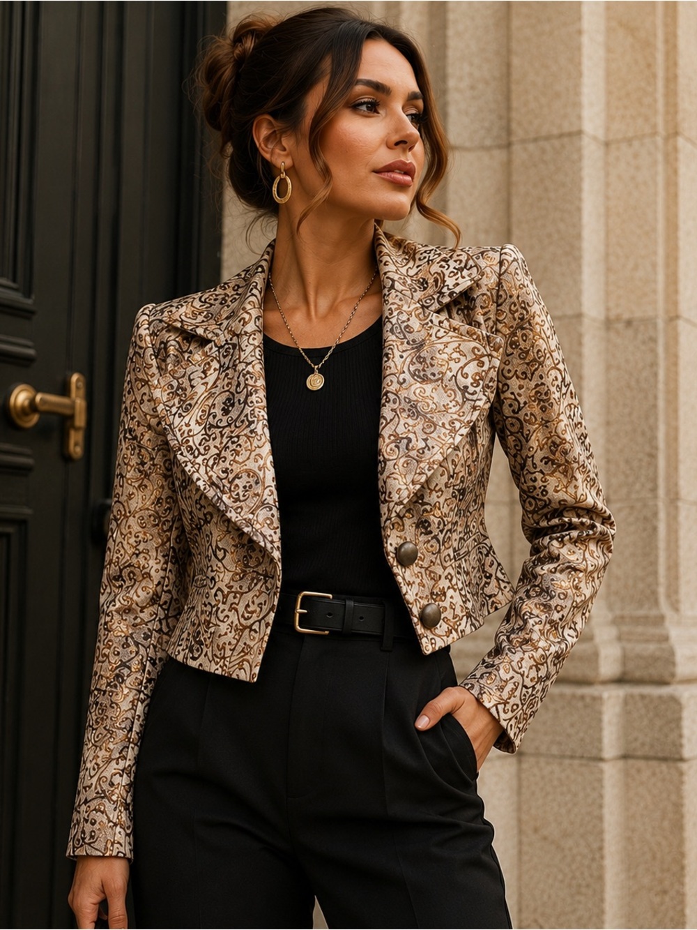 V Cristina Cropped Paisley Blazer in Beige and Brown
